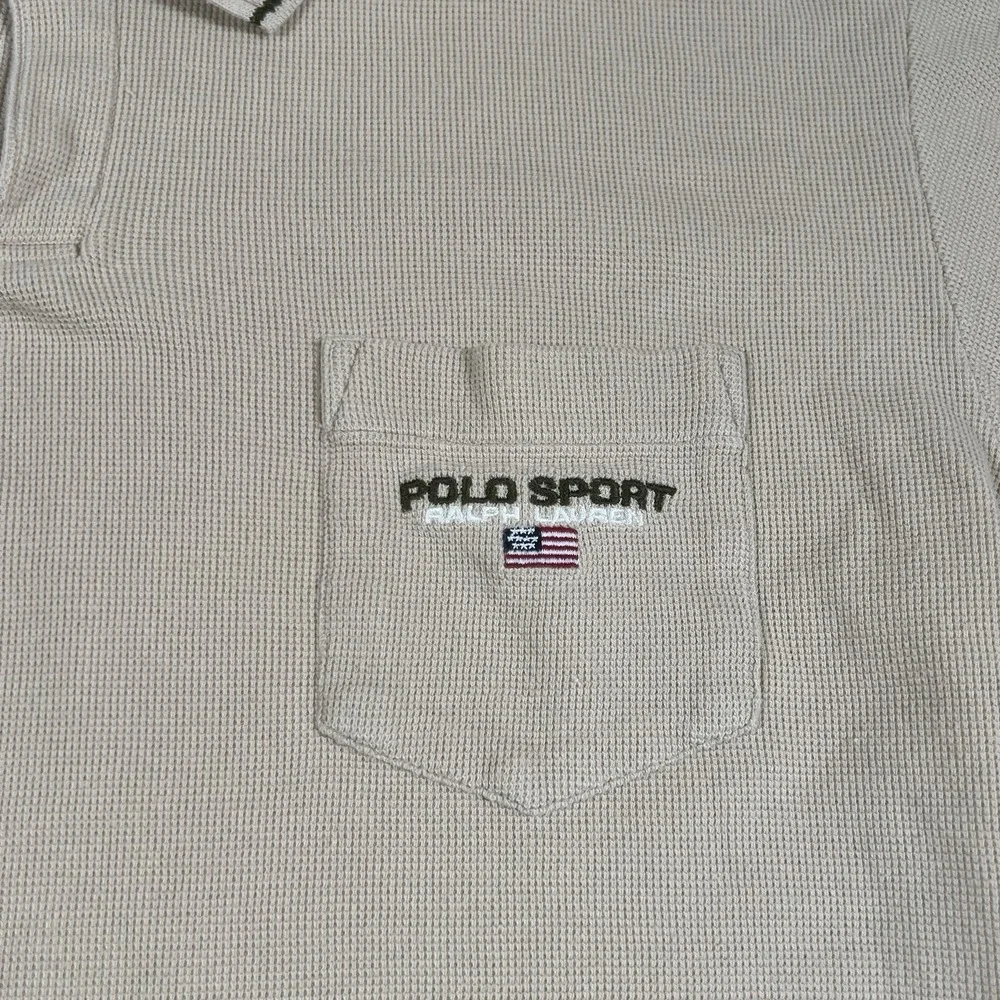 Vintage Polo Sport Ralph Lauren Shirt Sz M Tan Textured Pique Flag 90s